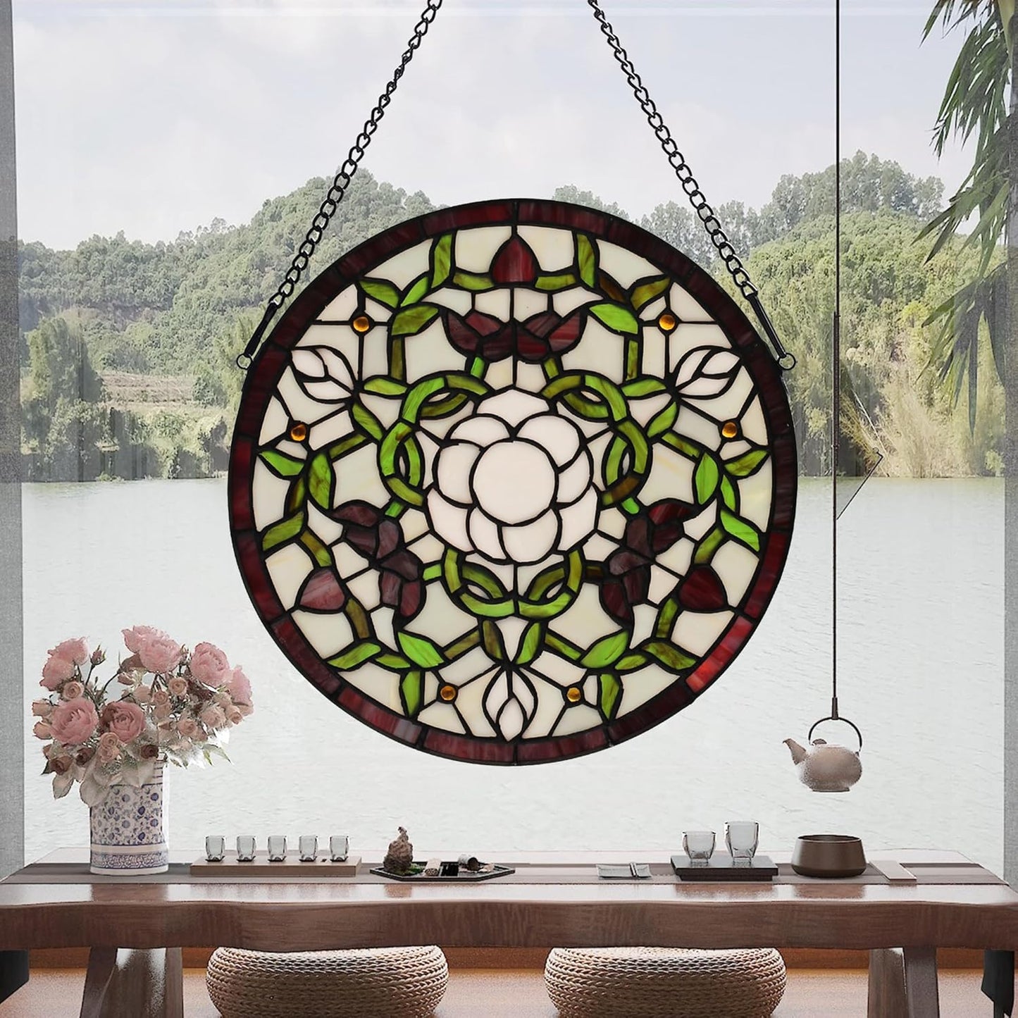 Handcrafted Stained Glass Window Panel - 12-Inch Round Floral Design with Vibrant Colors, Elegant Decorative Hanging Art for Home Décor, Includes 20-Inch Chain & Hook (Green iris)