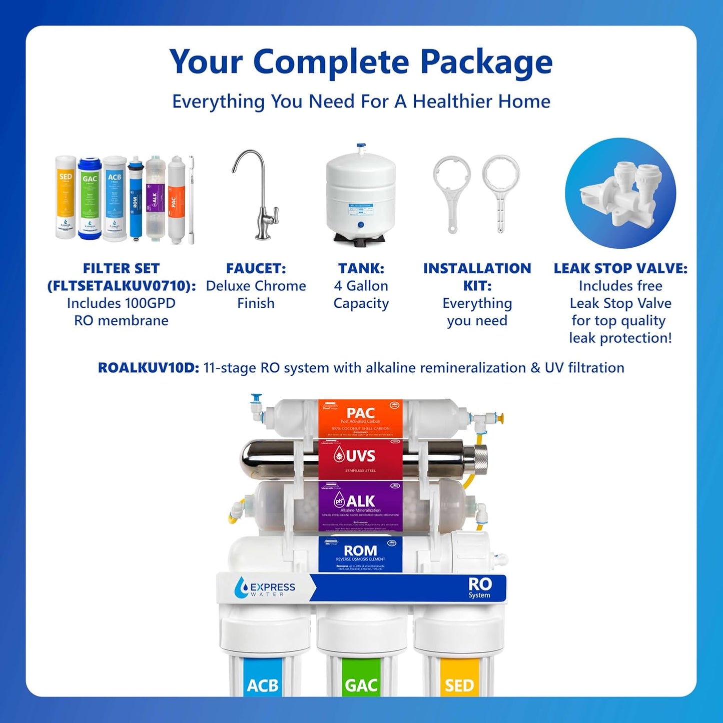 Express Water Reverse Osmosis Alkaline Ultraviolet Water Filtration System – 100 GPD (Deluxe Chrome Faucet)