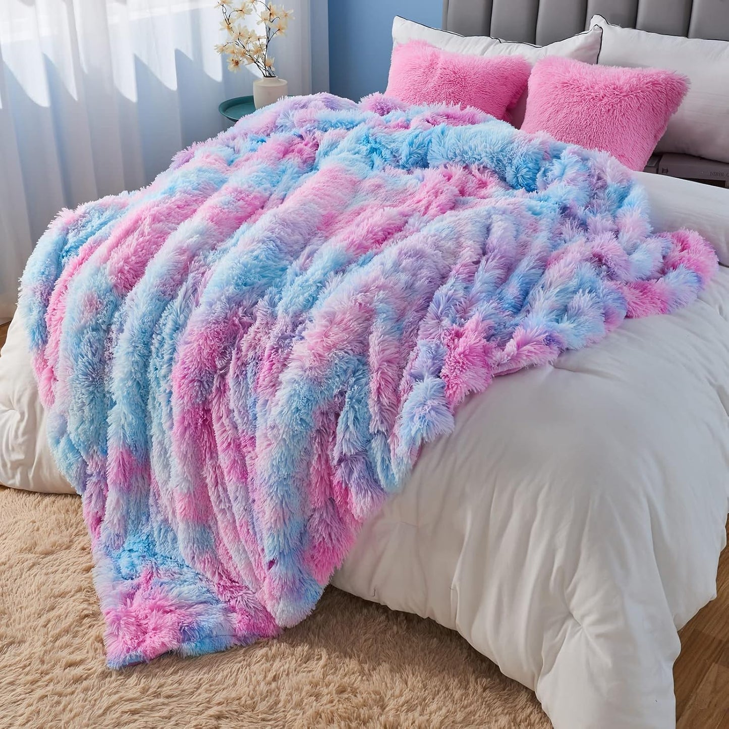 GONAAP Fuzzy Faux Fur Throw Blanket Twin Size Purple Rainbow Super Soft Cozy Plush Fuzzy Shaggy Blanket for Couch Sofa Bed (Purple Rainbow, Twin(60"x80"))