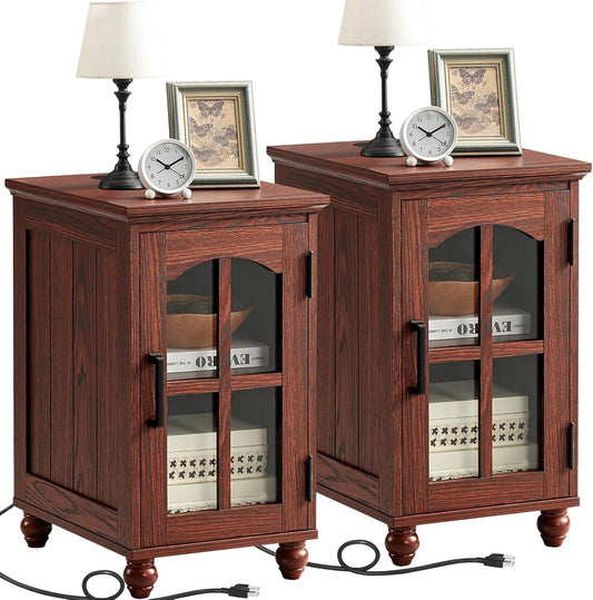 Narrow Side Table Set of 2,Farmhouse Nightstand with Charging Station,End Table with Glass Barn Door Storage, Cabinet Organizer with Adjustable Shelf, Night Stand for Small Spaces Living Room Bedroom