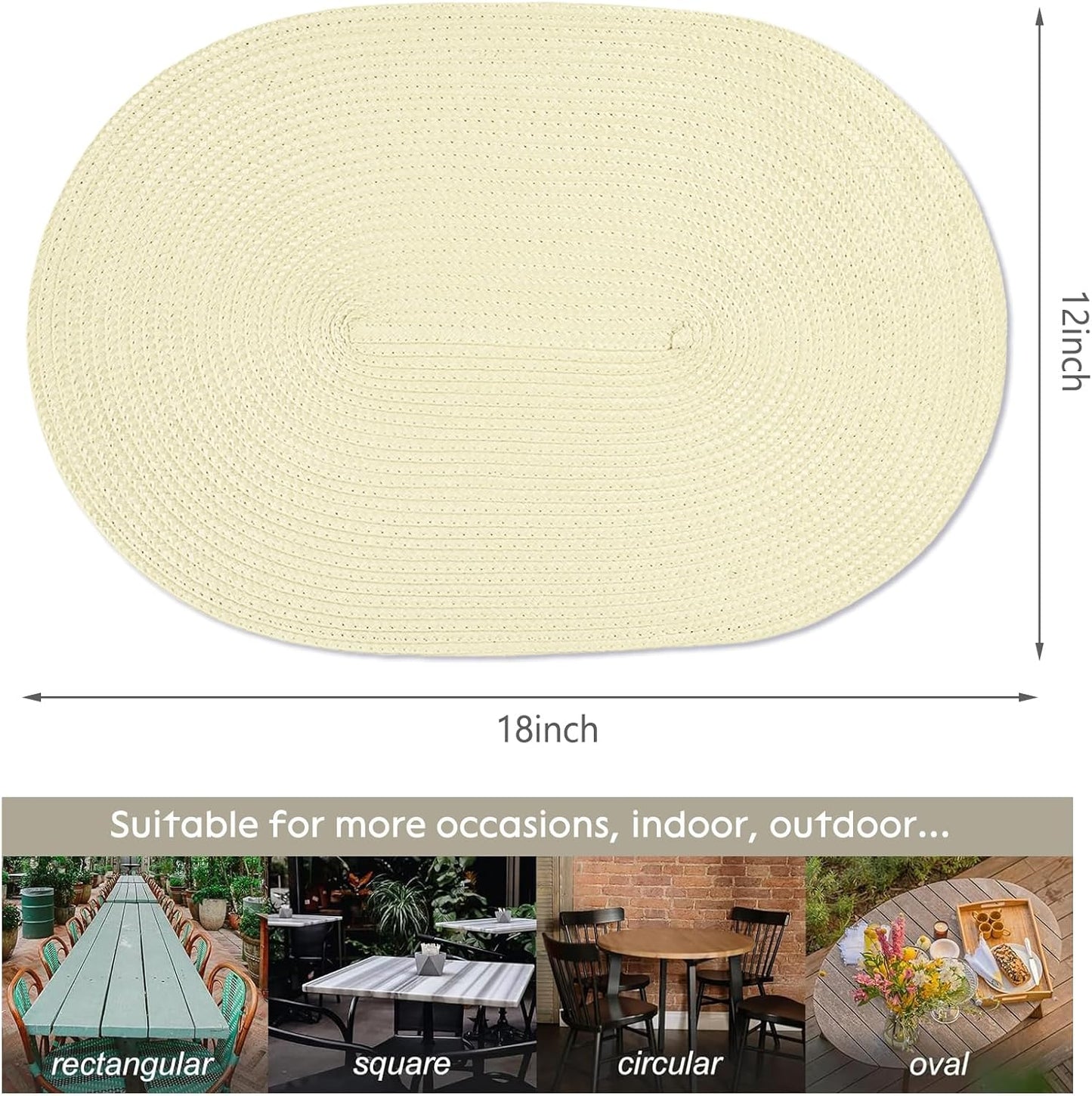 AHHFSMEI Placemats Set of 6 for Dining Table Washable Woven Vinyl Non-Slip 18x12 inches Placemat Heat-Resistant Durable Table Mats for Dining Table Easy to Clean (Ivory)