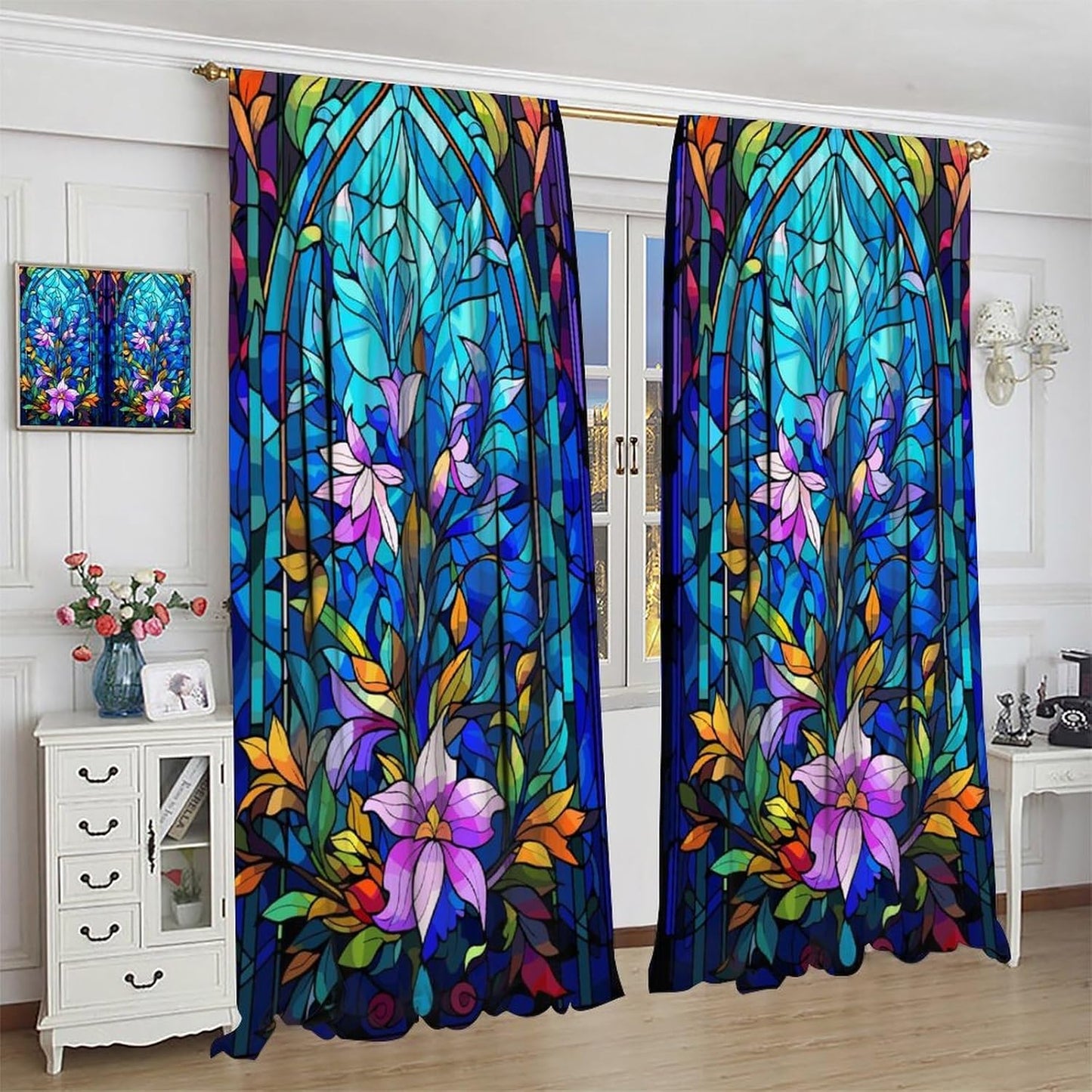 Stained Glass Curtains,Abstract Colorful Floral Geometric Art Home Decor Drapes for Bedroom Living Room Kitchen Window Treatment 2 Panels Set Total Size 42" W X 63" L Inch