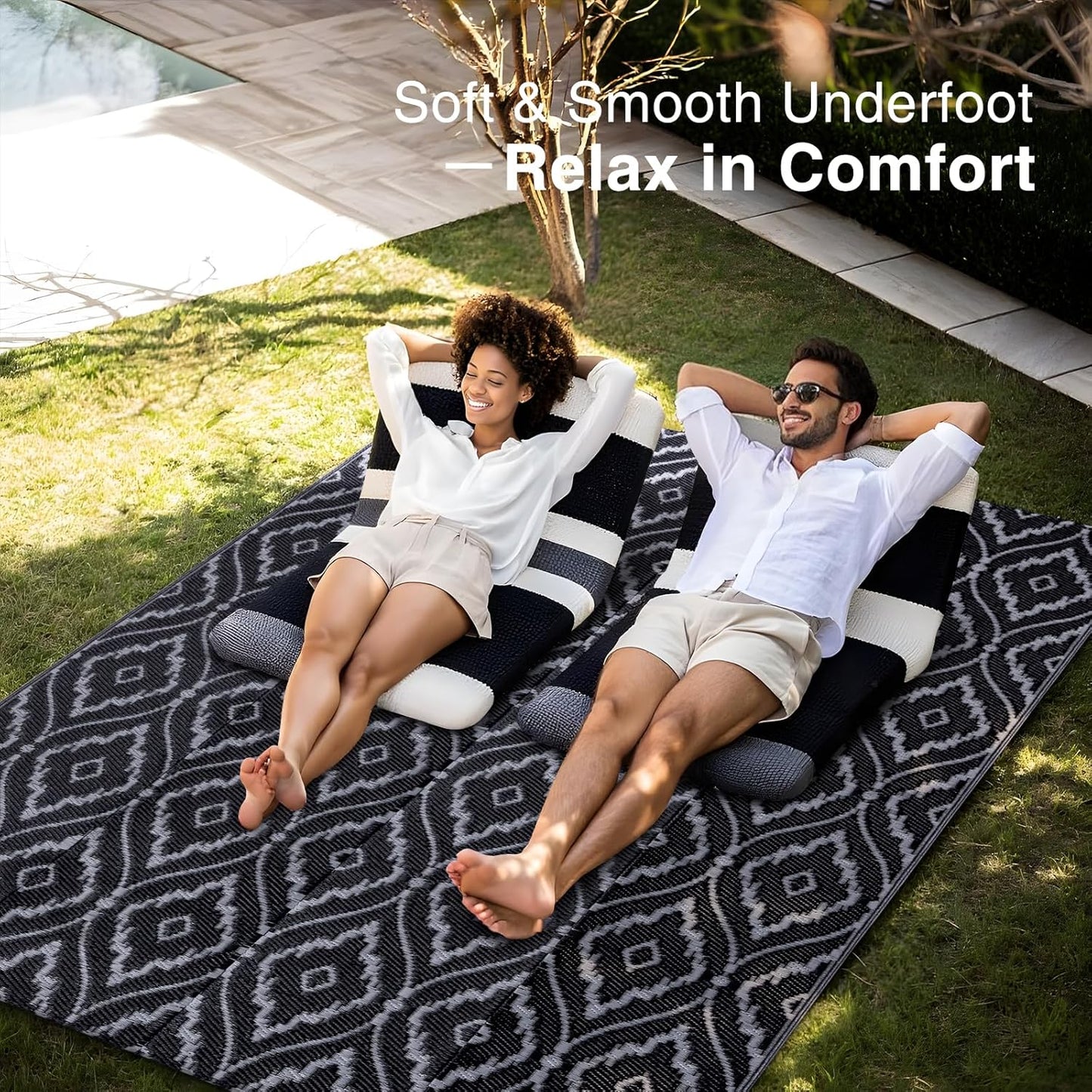 OLANLY Outdoor Rug 5x8 ft Waterproof, Outdoor Plastic Straw Rug with Geometric Pattern Clearance, Reversible RV Mat for Patio, Camping, Balcony, Deck, Backyard, Black & Grey