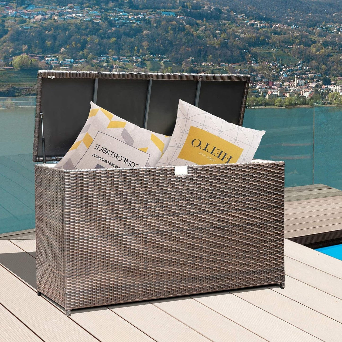 Super Patio Wicker Outdoor Patio Storage Box Waterproof, 120 Gallon Large Deck Box Rattan Storage Bin for Cushions, Garden Tools, Pool, Brown
