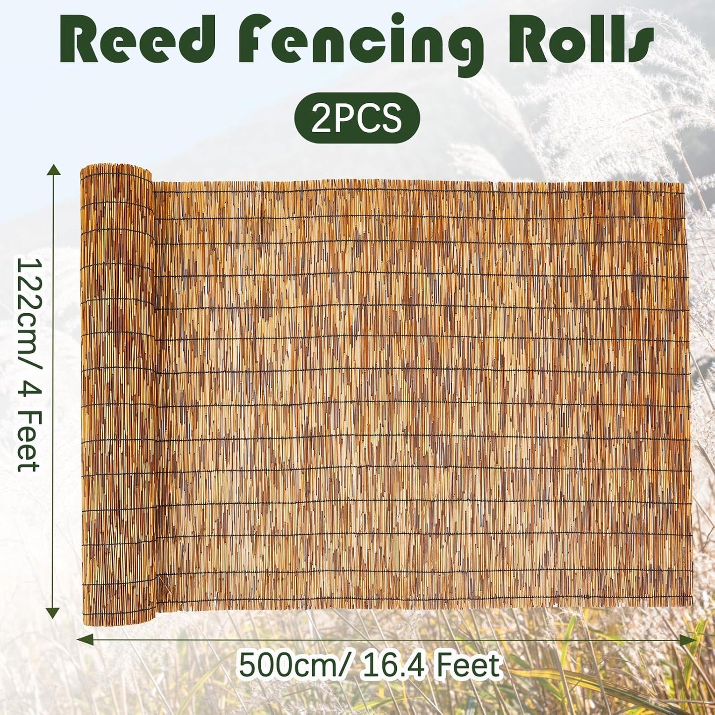 Barydat 2 Pcs 4 x 16.4 ft Bamboo Privacy Screen, Reed Fence Roller Patio Decorative Fences Reed Screen Curtain for Garden Backyard Patio Balconies