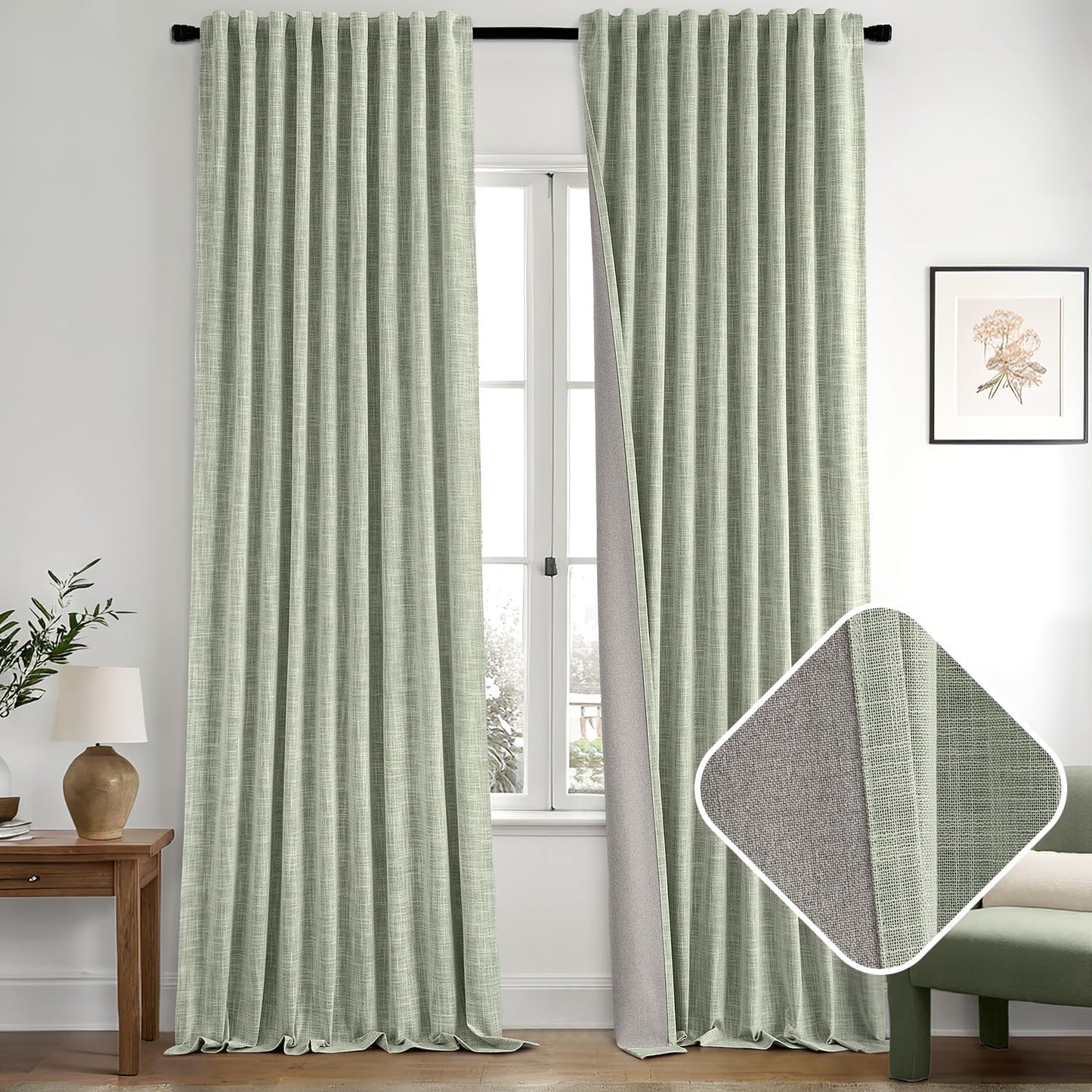 MIULEE Sage Green 100% Blackout Linen Curtains 120 Inch 2 Panels Set Double Sided No Coating Pinch Pleated Back Tab Black Out 10 FT Extra Long Thermal Insulated Bedroom Living Room Darkening Drapes