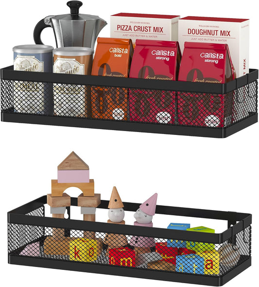 PUSDON Hanging Storage Baskets Organizer Wall Mount, Metal Wire Storage Bin Rack for Kitchen Bathroom Shower Spice Shelf Home Decor Essentials Black-2 Packs (Netting)