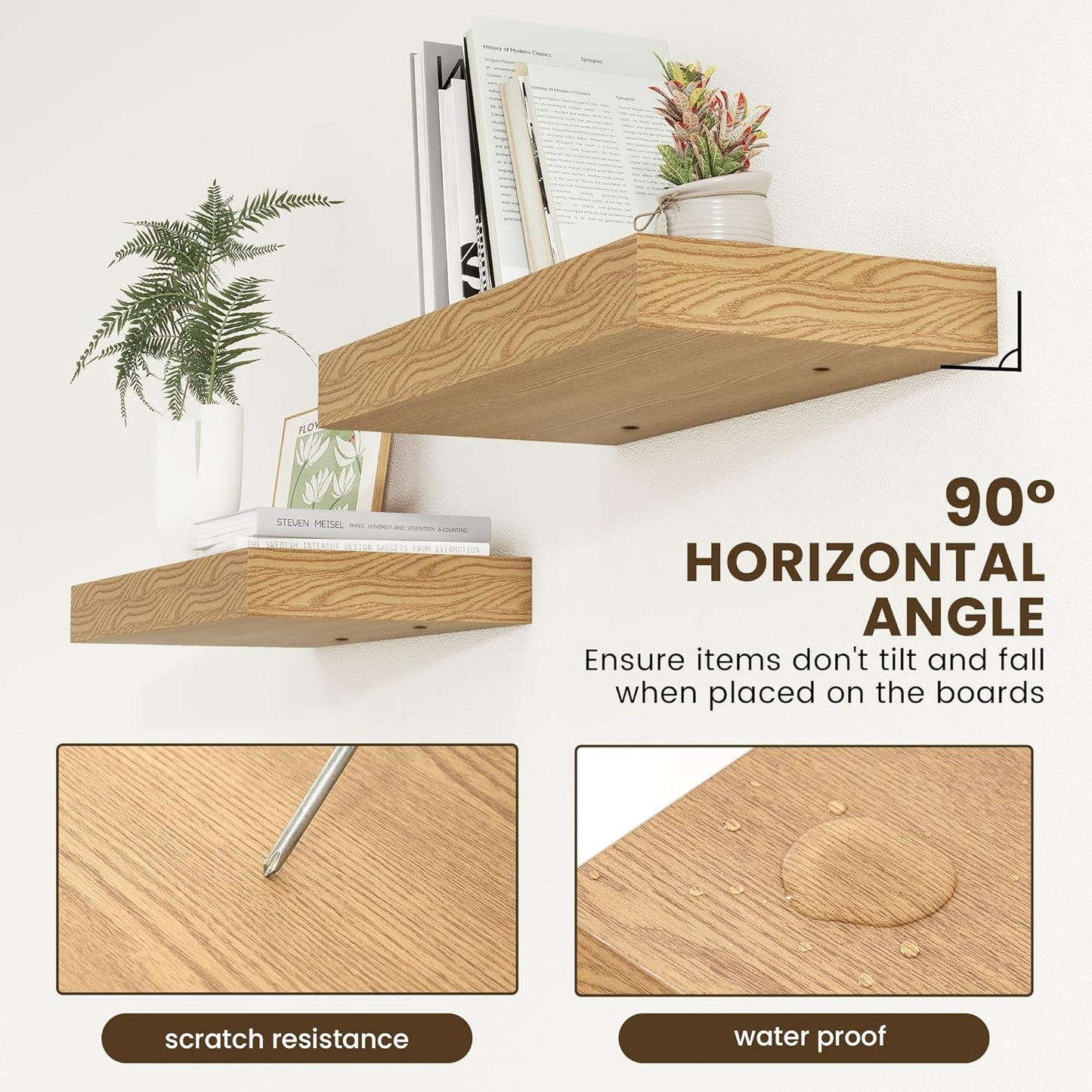 Deep Floating Shelves, 12 Inch Deep Rustic Floating Shelves Set of 2, 24 Inch Large Oak Wood Wall Mounted Shelves for Books Living Room Laundry Room Bedroom Kitchen Home Office - Oak