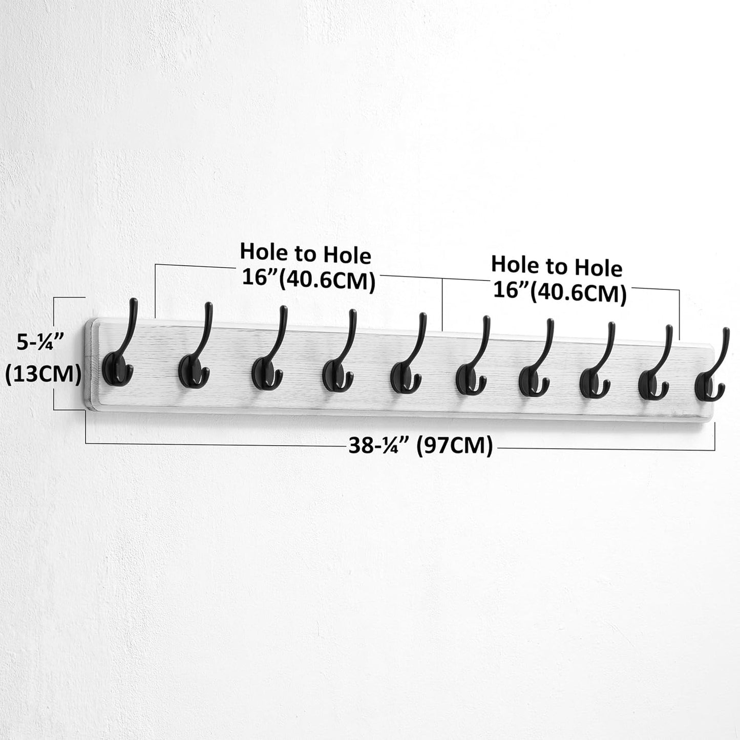 Dseap Wall Mounted Coat Rack: 38-1/4" Long, Patented, Heavy-Duty, 10-Double-Hooks Wooden Hanger Rail for Winter Coats, Hat, Jacket, Clothing - White & Black, Pack of 2