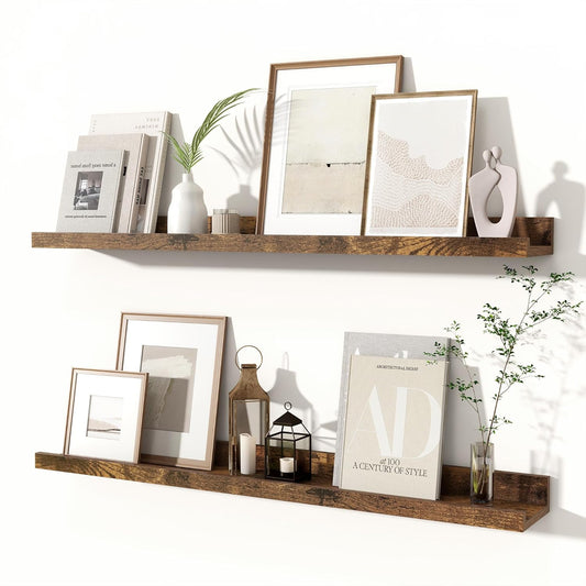 Fun Memories Picture Ledge Shelves Set of 2, 32 Inch Rustic Wall Mounted Floating Shelves with Lip for Home Storage and Décor in Bathroom, Kitchen, Nursery, Bedroom, Living Room, Brown