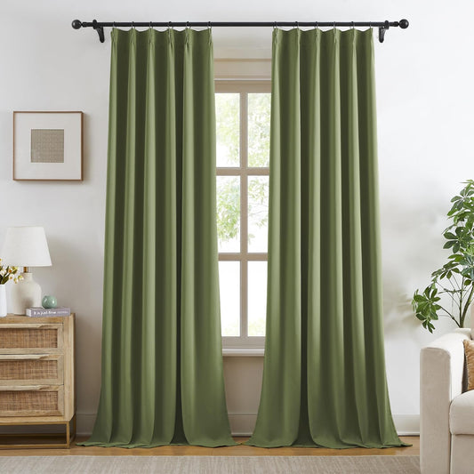KangBang 60” Wide Sage Green Blackout Curtains 102 Inches Long, Pinch Pleated Thermal Insulated Sliding Door Curtains & Drapes for Living Room French Door, Elegant Modern Decor, 60x102 Inch,2 PCs
