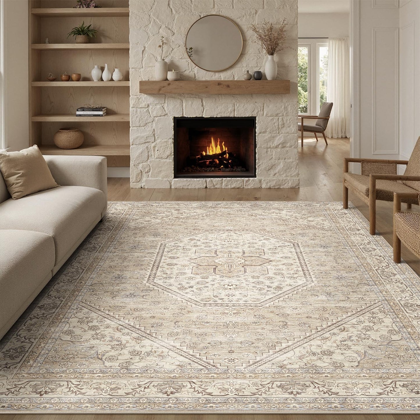 DCX Machine Washable Brown and Beige Area Rug 8x10, Non Slip Stain Resistant Vintage Floral Rug for Living Room Bedroom Nursery, Soft Low Pile Large Carpet