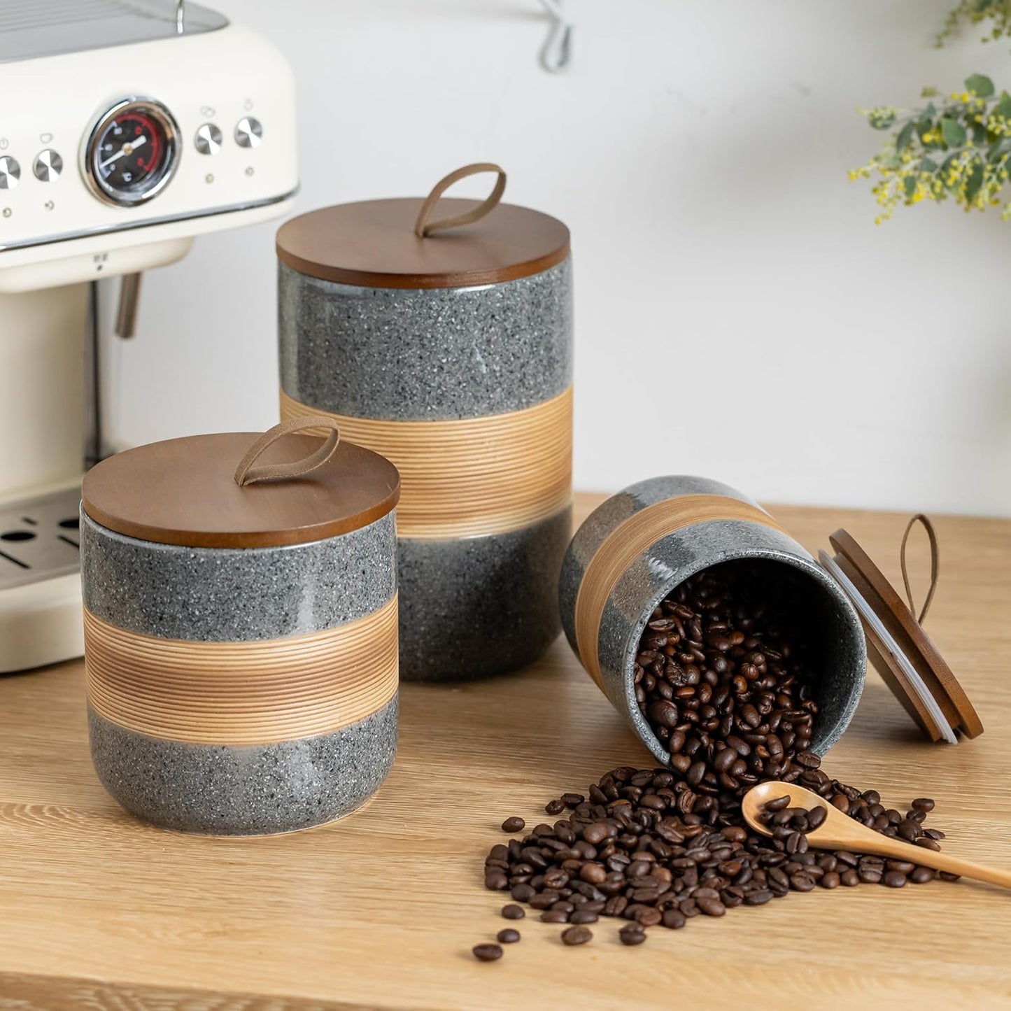 Spice Jars with Airtight Lid, Coffee Container Canister Kitchen Food Storage Jars for Spice Sugar Tea Bag, Stackable Decorative Jars for Countertop, Grey & 37oz