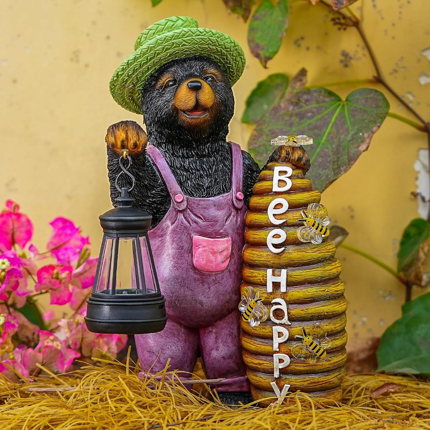 Solar Adorable Bear Garden Statue with Beehive and Lantern - “Bee Happy” Resin Outdoor Decoration for Yard, Patio, or Home Decor