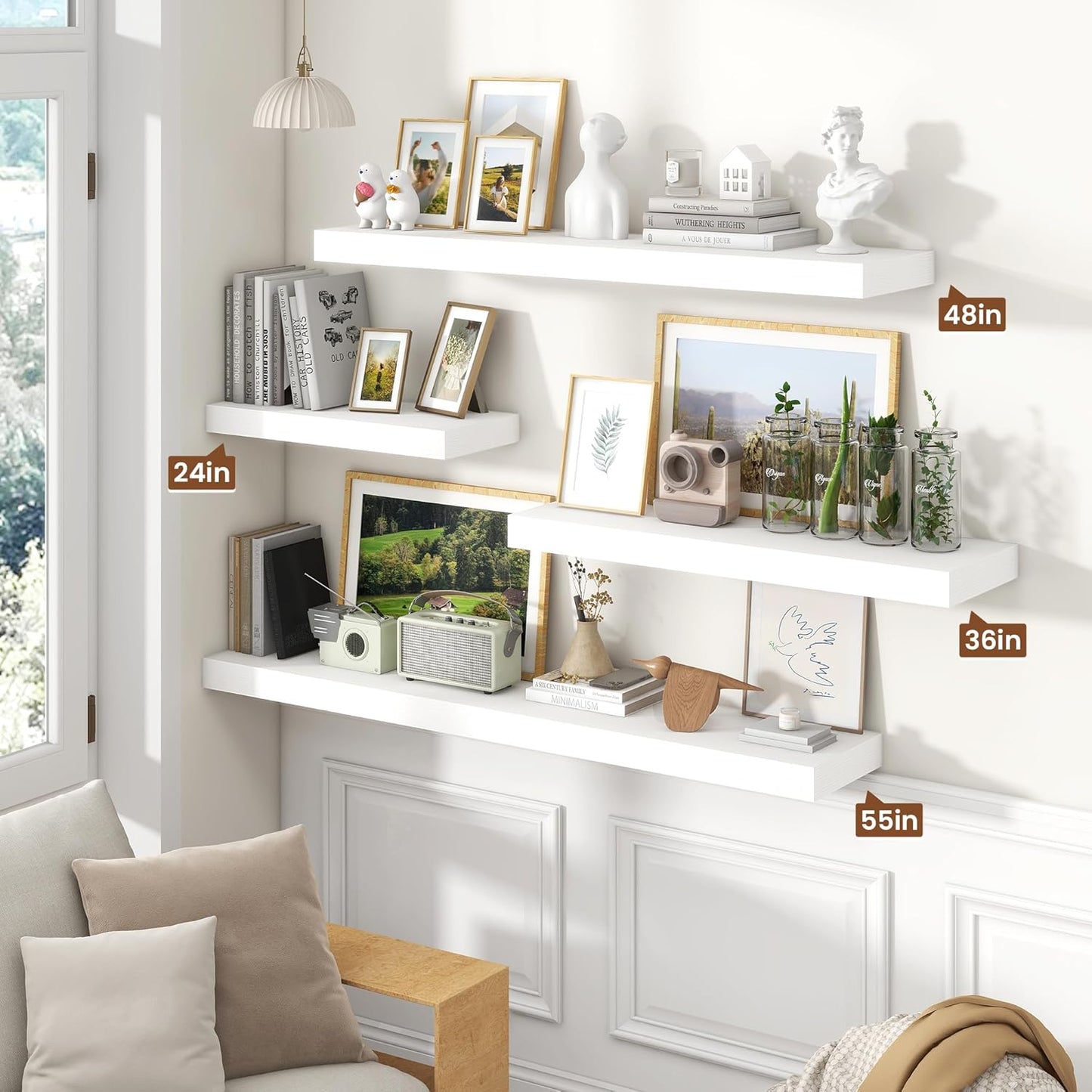 Heimlove 55 Inch Floating Shelves for Wall,10 Deep 10 Deep Large White Wall Shelf with Heavy Duty Brackets,Mounted Storage & Display Shelves for Bedroom,Living Room,Kitchen,Office,Set of 2