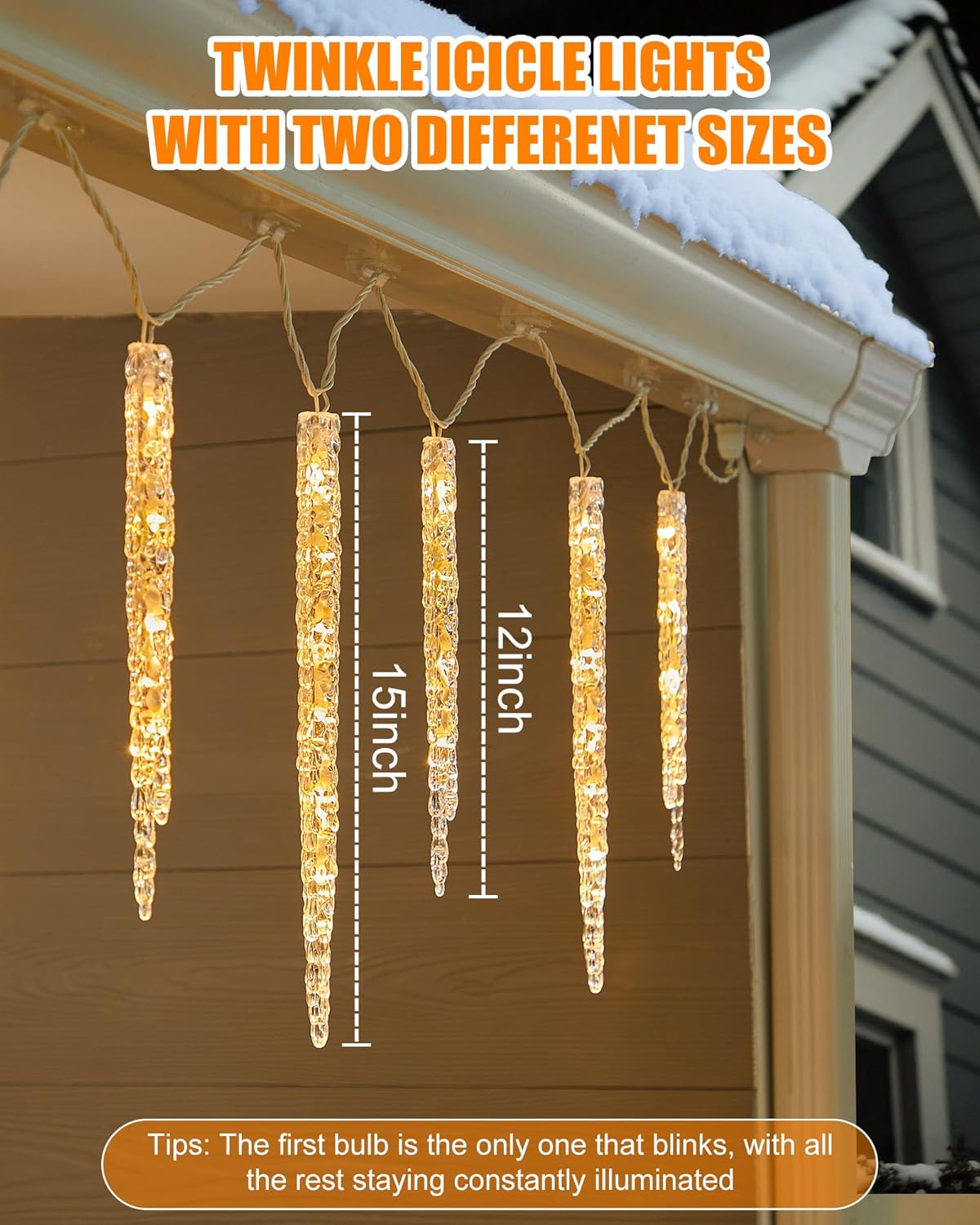 Minetom Icicle Lights Outdoor with Clips, 20ft 100 LED 20 Tubes Twinkling Crystal String Lights, Connectable Waterproof Hanging Icicle Christmas Lights Plug in for Eave Outdoor, Warm White