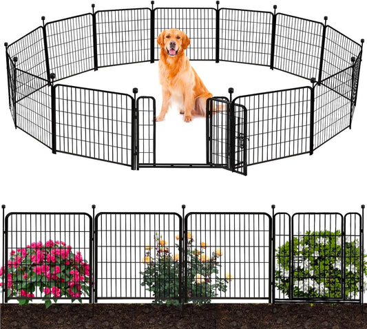 ADAVIN Tall Garden Fence Border with gate, 48 in(H) 12 Panels Total 26.6 Ft(L), Wide Door Low Threshold Fences, Black Iron Metal Heavy Duty Dog Fence Outdoor for Yard or Camping, Flower Bed Fencing