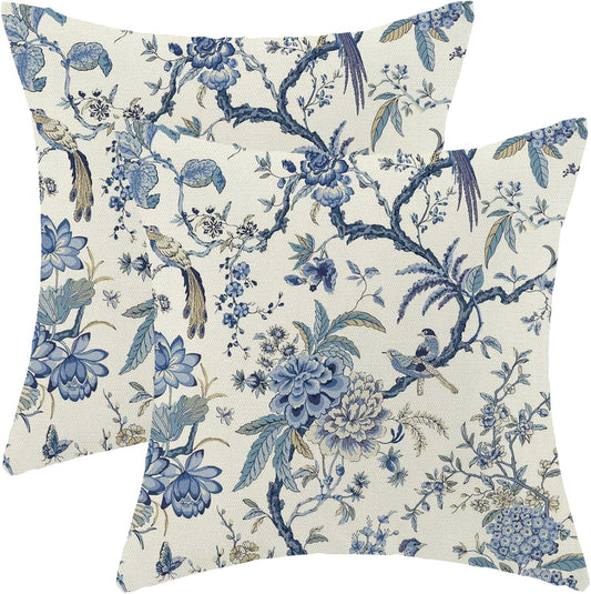 CXMEIFLY Spring Floral Birds Pillow Covers 18 x 18 Inch Set of 2 for Chinoiserie Flowers Decor Throw Pillows Blue and White Plant Outdoor Decorative Cushion Cases for Couch Bed Decorations