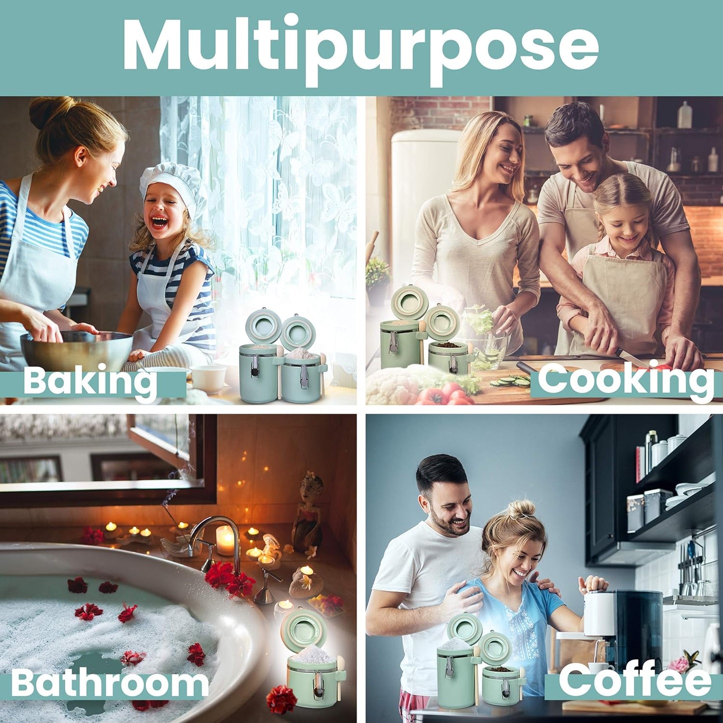 Home Intuition 4-Piece Ceramic Kitchen Canisters Set, Airtight Containers with Wooden Spoons Reusable Chalk Labels and Marker for Sugar, Coffee, Flour, Tea (Mint)