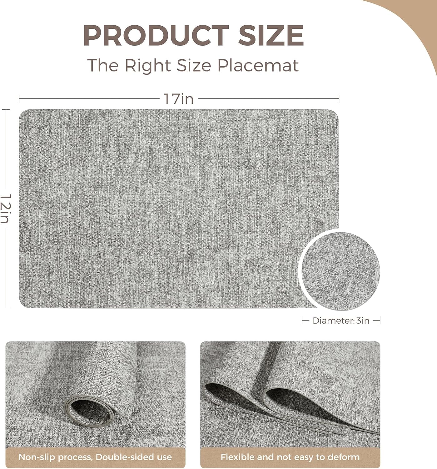 Vinyl Placemats Set of 6, Faux Leather Waterproof and Heat Resistant Place Mats, Washable Anti-Slip Table Mats with Coaster, Wipeable Placemats for Indoor & Outdoor 17" x 12" (Light Grey, Set of 6)