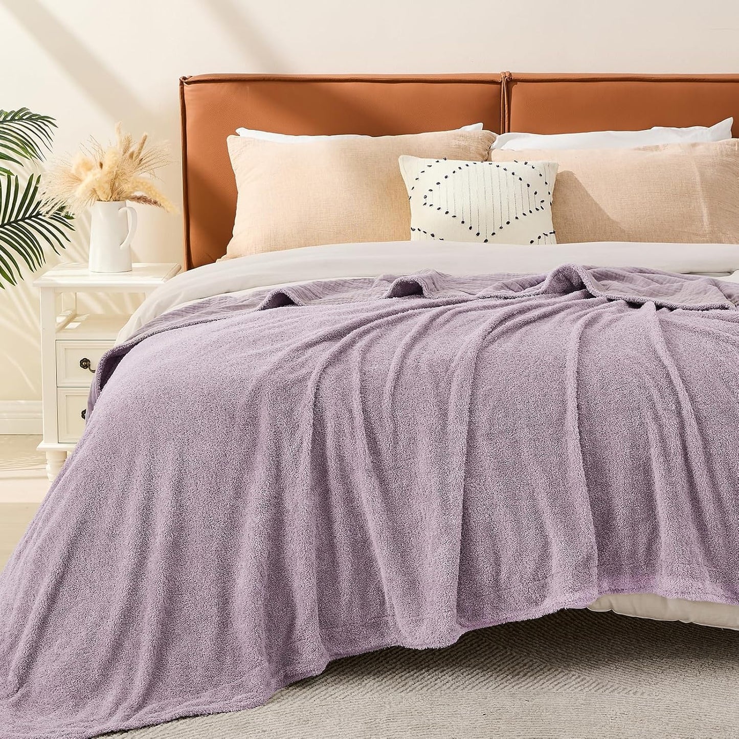 EMME Muslin and Fleece Queen Blanket Reversible - 80"*90" Lavender Soft Warm Throw Blankets for Couch Bed Picnic Travel Bed