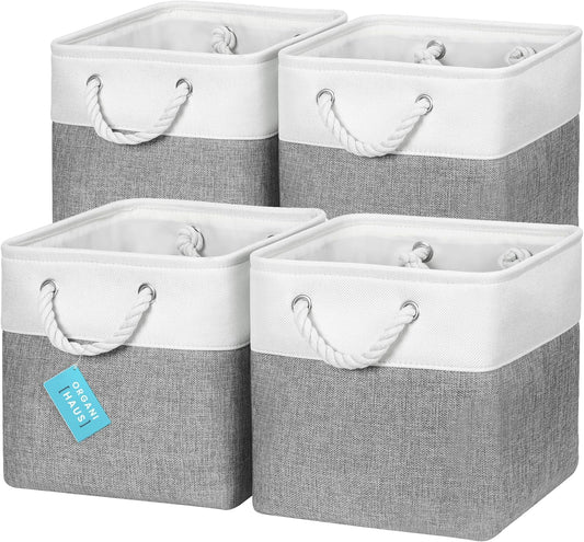 OrganiHaus 11x11 Cube Storage Bins 4 Pack, Foldable Cube Storage Organizer w/ Rope Handles, Collapsible Fabric Bins for Toys, Clothes & Closet Organization, Fabric Square Baskets - Gray/White