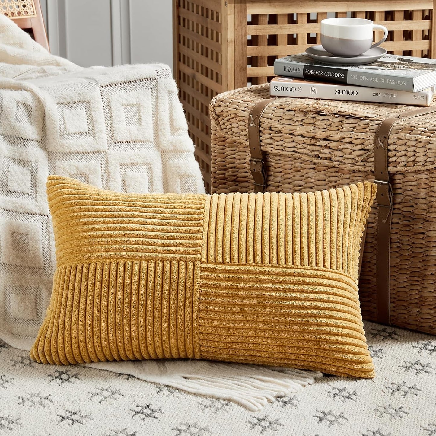 Fancy Homi 2 Packs Gold Yellow Lumbar Decorative Throw Pillow Covers 14x24 Inch for Couch Bed Sofa, Rustic Farmhouse Boho Spring Home Decor, Soft Striped Corduroy Rectangle Accent Cushion Case 35x60cm