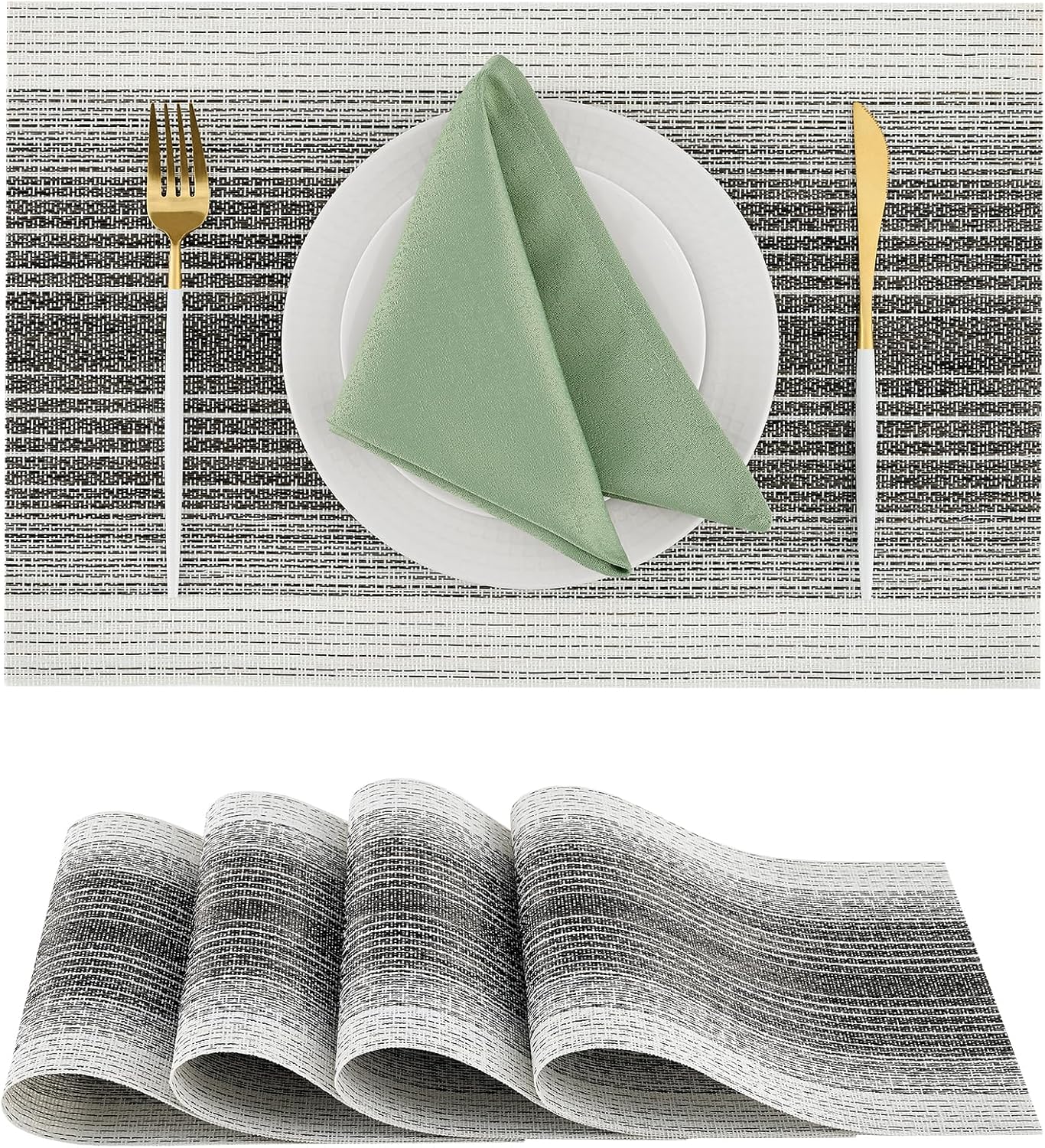 Leetaltree Black with White Woven Placemats Set of 4 - Heat Resistant Non-Slip Place mats for Dining Table, Washable Durable PVC Vinyl Woven Table Mats(Black with White, 4)