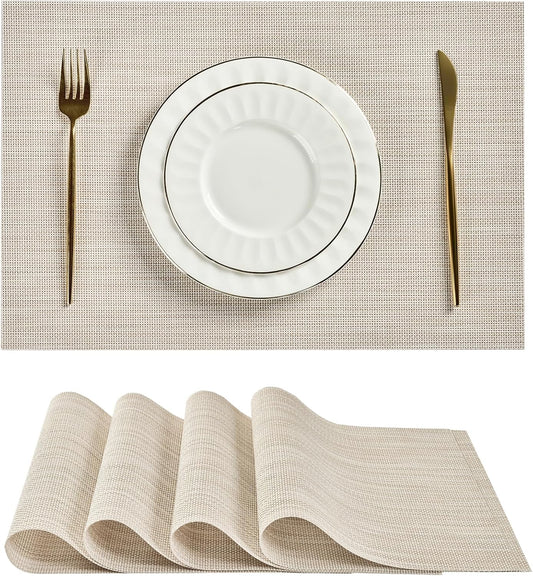 Leetaltree Beige White Placemats Set of 4 - Heat Resistant Non-Slip Place mats for Dining Table, Washable Durable PVC Vinyl Woven Table Mats（Beige White, 4）