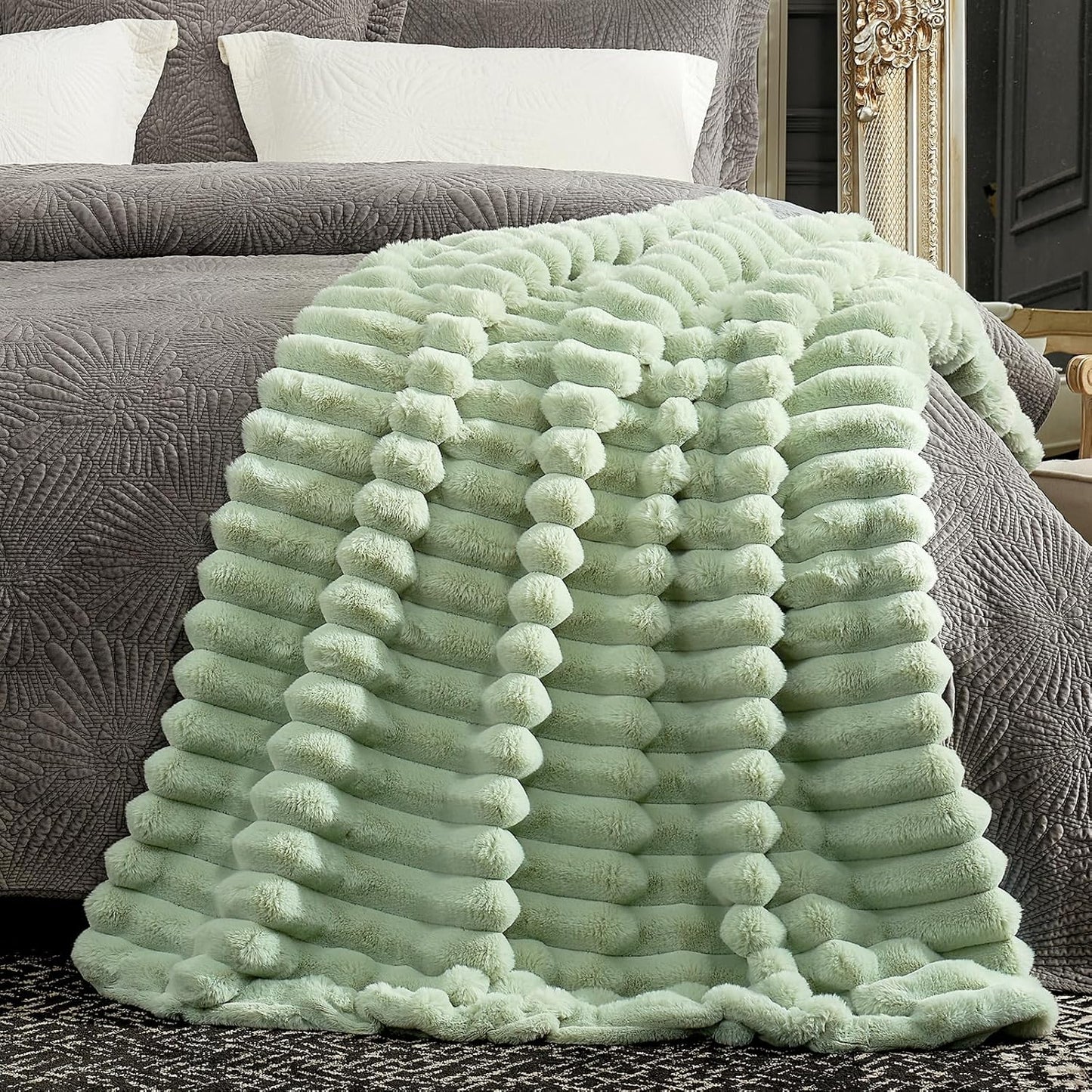 Cozy Bliss Faux Fur Throw Blanket for Couch, Cozy Warm Plush Striped Blanket for Sofa Bedroom Living Room, 60 * 80 Inches Sage Green