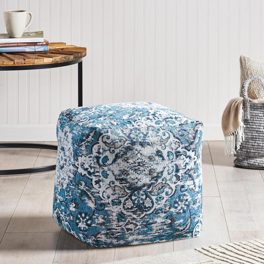 GDFStudio Boho Handmade Fabric Cube Pouf Ottoman Foot Stool - Bean Bag Floor Chair - Foot Rest Couch for Living Room Bedroom,Blue,16"" x 16"" x 16"", Conch,blue, 313832N