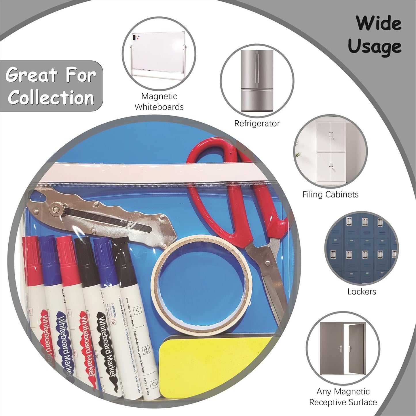 Magnetic Pocket 4 Pack – Self-Adhesive Magnetic Storage Pouch for Documents, Notes & Tools, Strong Magnet Backing for Fridge, Whiteboards, and Metal Surfaces (Black 4Pcs)