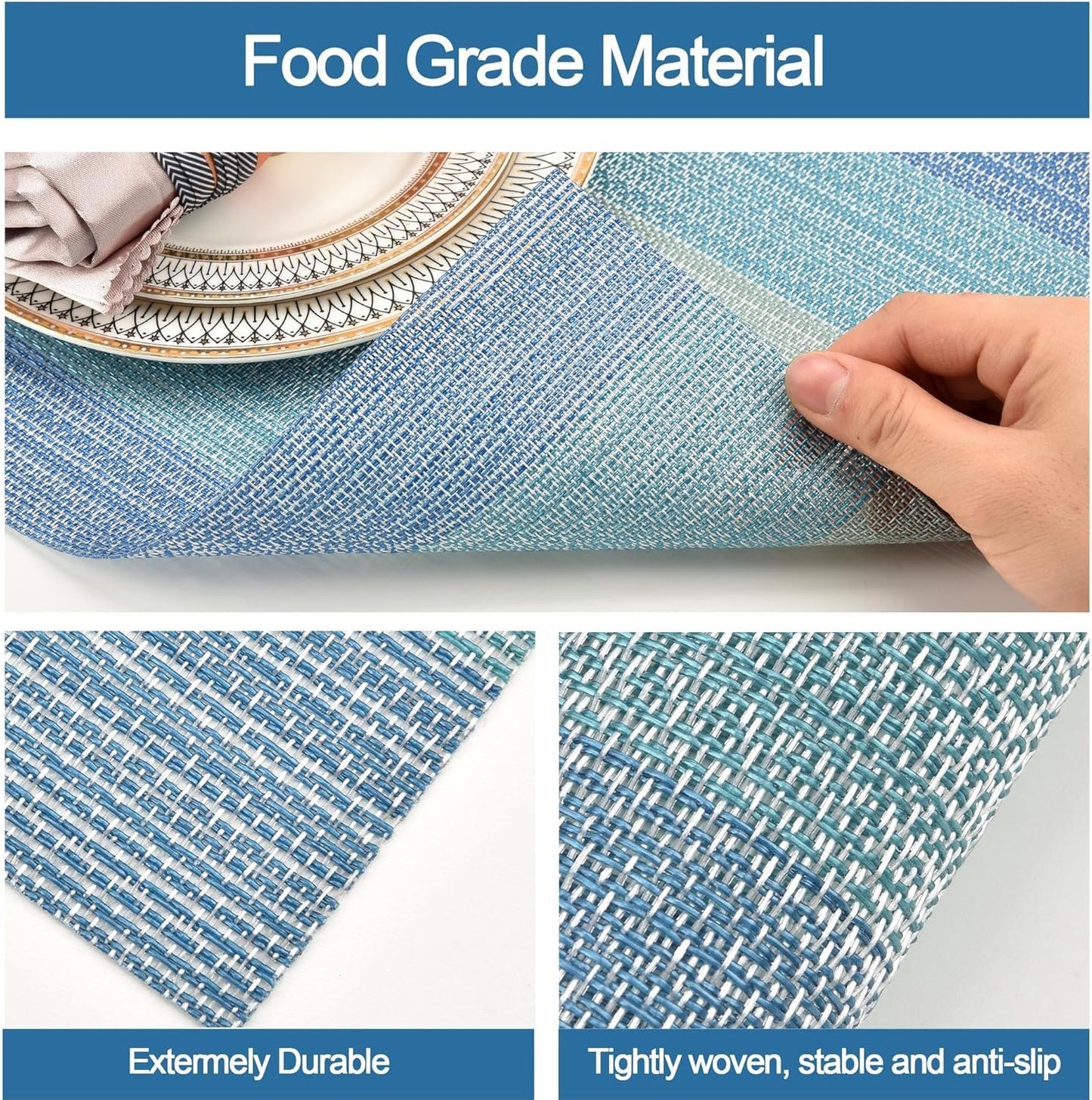 Placemats Set of 8 - Easy Clean Washable Vinyl Placemats - Wipeable Heat Resistant Table Mats for Dining Table - 17.7x11.8 Inch (8, Blue Gradient)