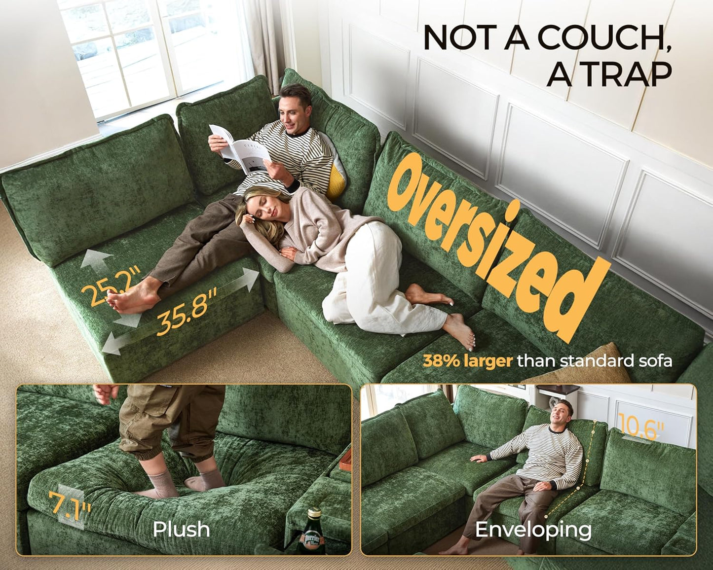 Oversized Modular Sofa Comfy Cloud Couch with Storage, Extra Deep Plush Sectional Sofa Set for Living Room, Covers Washable, Chenille, Olar (Green, 3-Seater, Basic Shape)