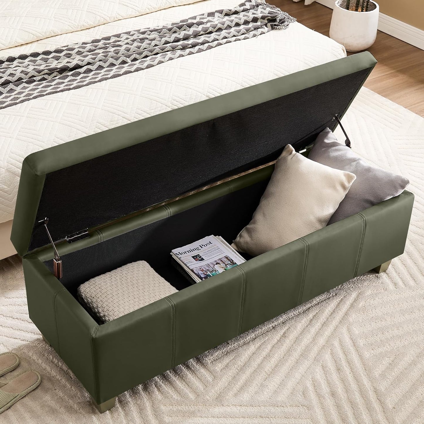 51" Faux Leather Storage Ottoman, Stitch Tufted Rectangle Upholstered End of Bed Storage Bench, Entryway Large Couch Ottoman with Wooden Legs,Green