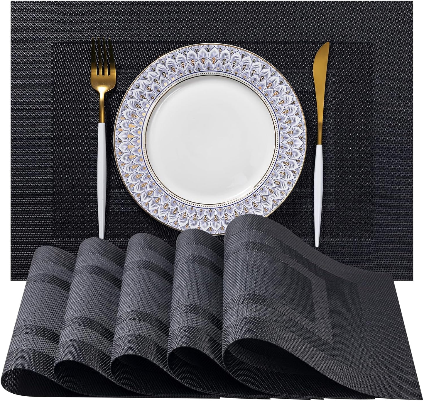 LEXMORE Placemats Set of 4 Vinyl/Plastic Woven Place Mats for Kitchen Table Indoor/Outdoor Washable Placemat Wipeable Dining Table Mats(Black Cube)