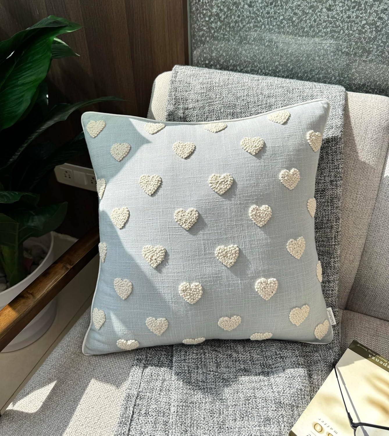 VAGMINE Hand Embroidered French Knotted Hearts Pillow Cover - 18x18 Inches Square - 100% Cotton Robins Egg Decorative Cushion Cover - Romantic Gift for Couples - Valentine’s Bedroom Decor