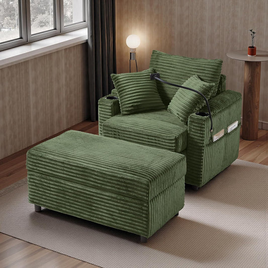Accent Chair with Storage Ottoman Upholstered Living Room Chairs for Reading Chair with Chaise Lounge Chairs Indoor, Comfortable Armchair for Bedroom