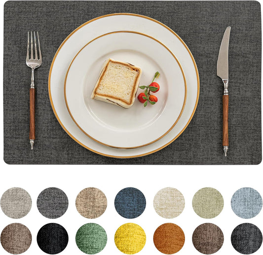 Romanstile Vinyl Placemats Set of 12-12 X 18 Inch - Heat Resistant Place Mats 100% Waterproof Oilproof Wipeable Reversible Faux Leather Table Mats for Kitchen/Dining/Party/Outdoor, Charcoal