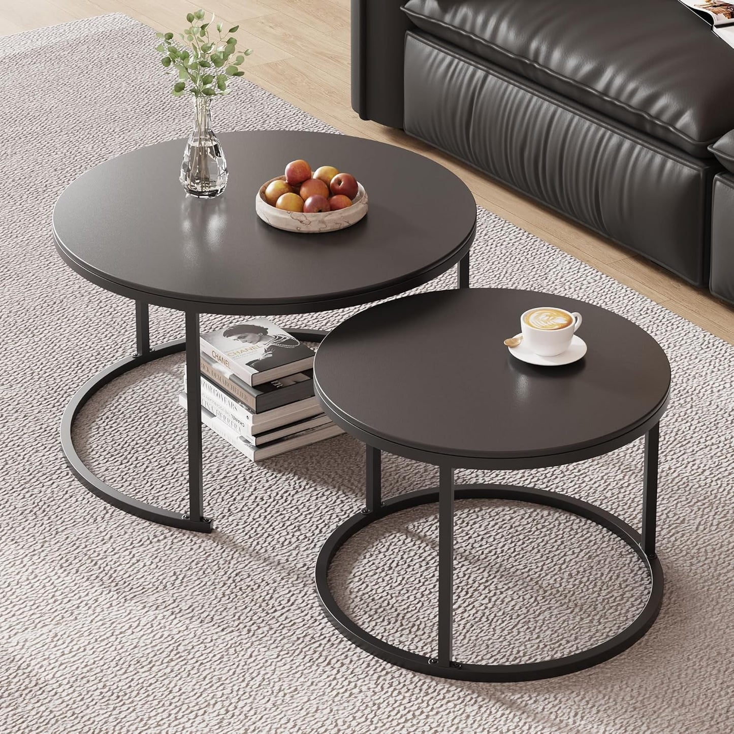 Round Nesting Coffee Table, Black Modern Decorative Coffee Center Table Set of 2,Round Sintered Stone 24'' Coffee Table for Living Room with Sturdy Metal Frame.