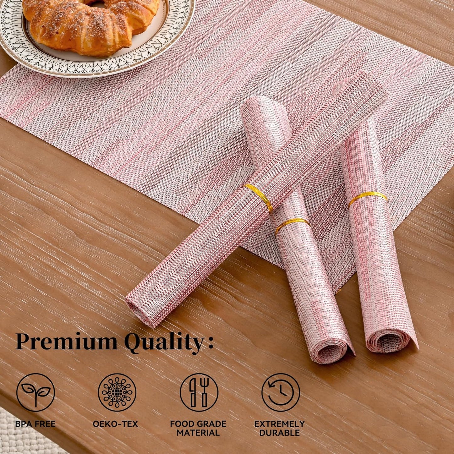 Leetaltree Misty Rose Placemats Set of 4 - Heat Resistant Non-Slip Place mats for Dining Table, Washable Durable PVC Vinyl Woven Table Mats（Misty Rose, 4）