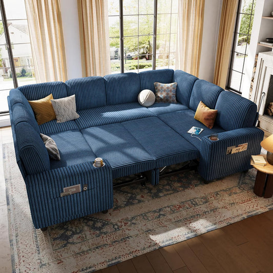 LINSY HOME Sectional Sleeper Sofa with Pull Out Couch Bed - Convertible Plush Corduroy Cloud Couch with Storage Chaise & USB Charging, Comfy Modular Couches for Living Room, Blue