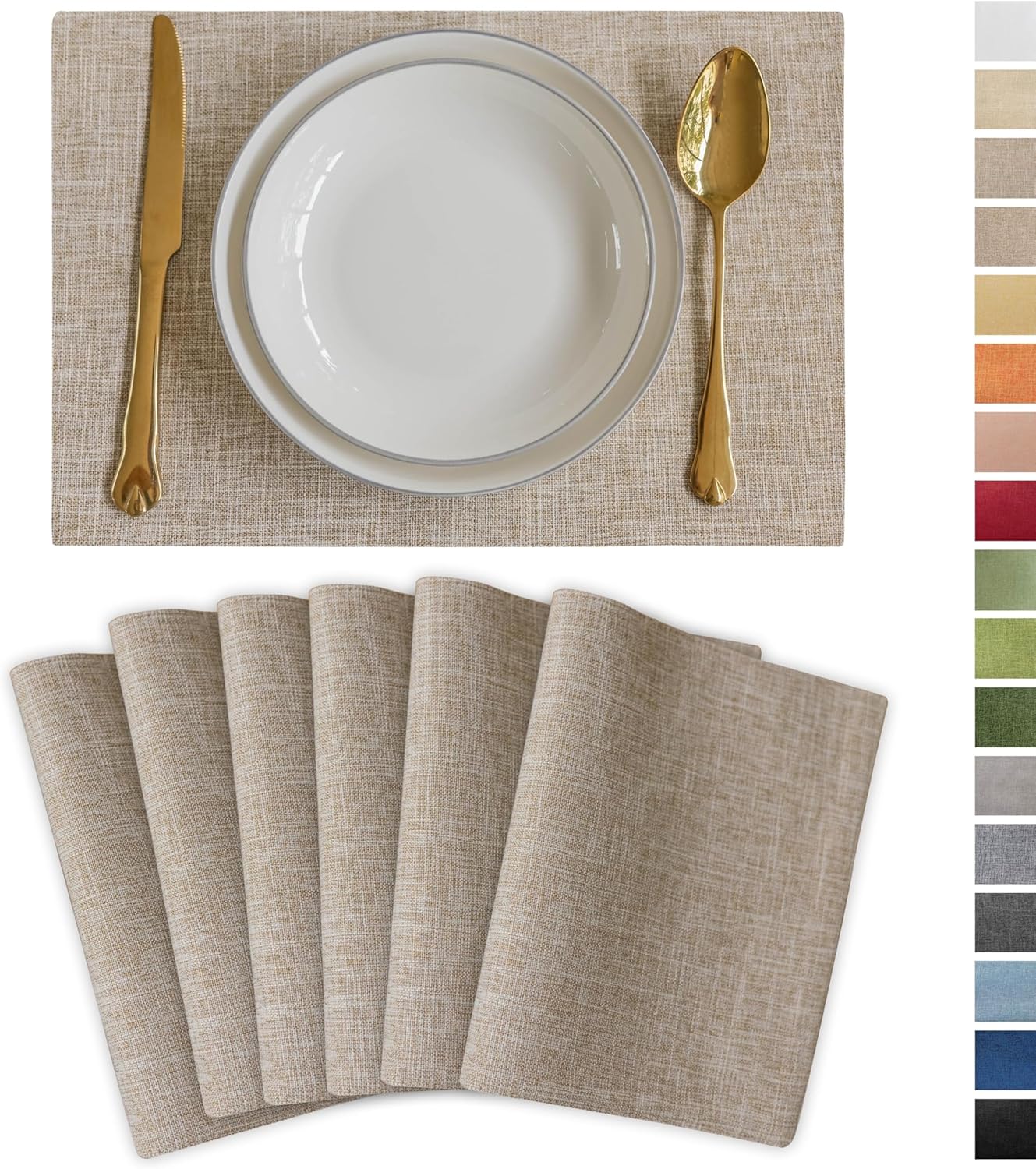 Demetex Burlap Place Mats Set of 6 Heat Resistant Linen Placemats Decorative Wipeable Fabric Table Mats for Dining Kitchen Tables, Burlap