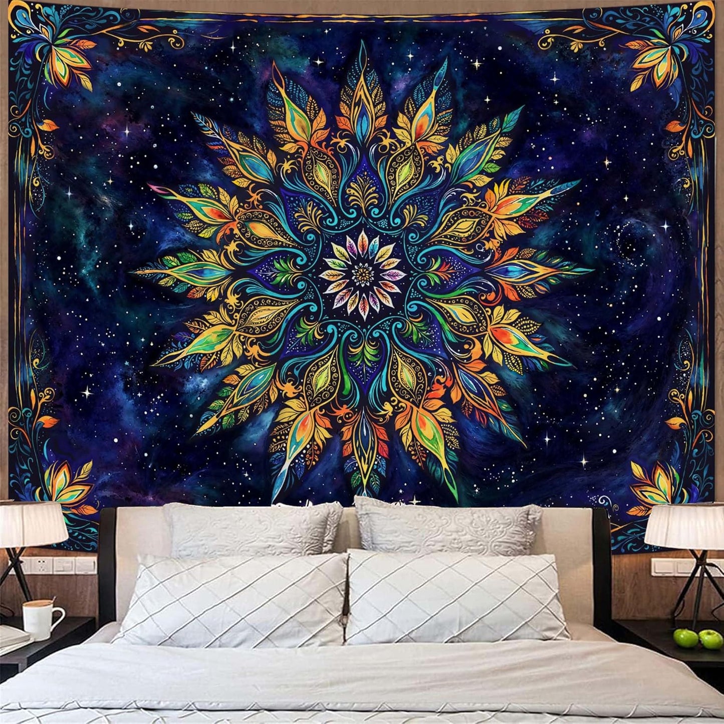 Fowocu Boho Floral Mandala Tapestry for Bedroom Aesthetic Blue Bohemian Colorful Flower Wall Tapestry Purple Hippie Indian Large Tapestries Wall Hanging for Living Room Dorm Decor 80 x 60 Inch