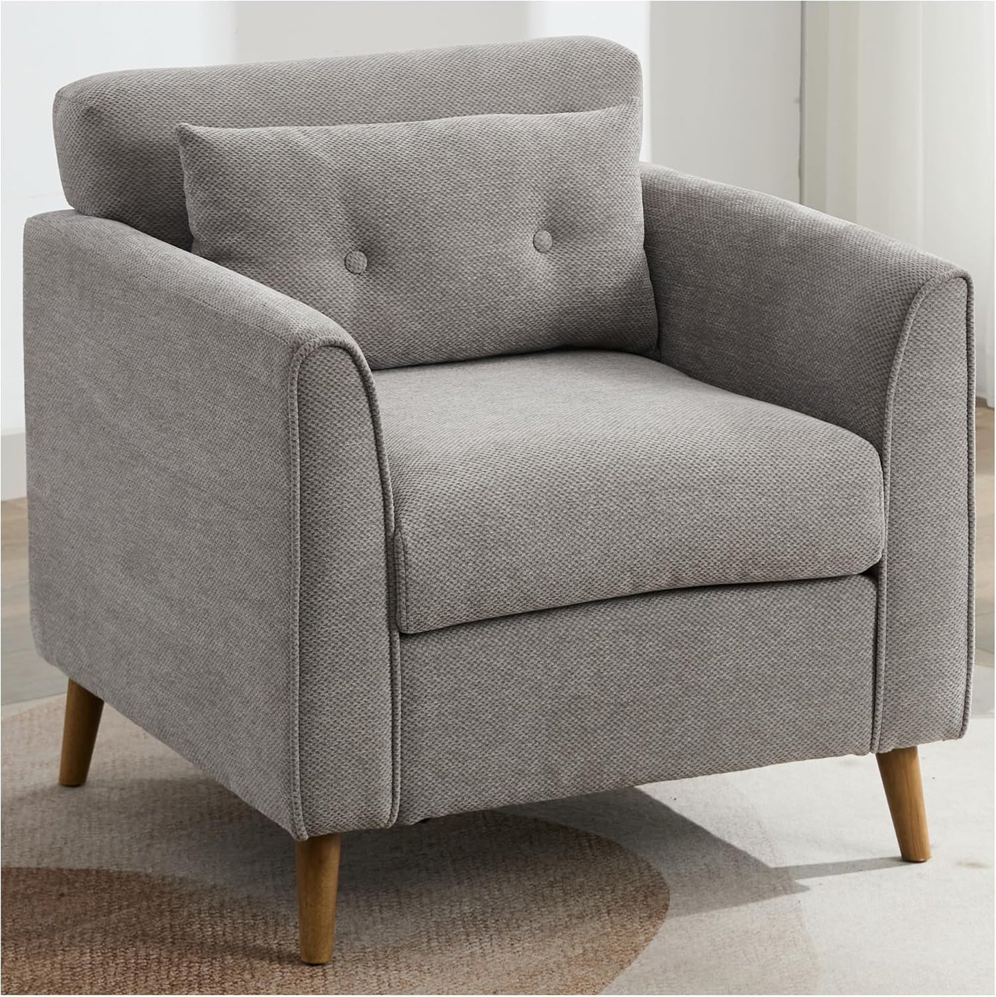 Mid Century Modern Accent Chairs, Chenille Grey Upholstered Armchair,Living Room Chairs with Wooden Legs, Side Single Sofa Chair for Bedroom, Office Cafe Waiting Room Apartment
