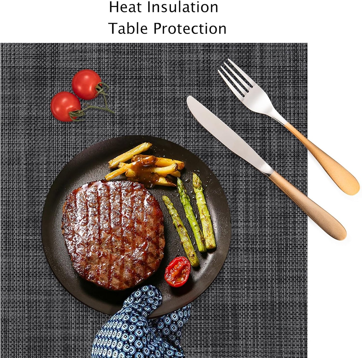 Myir JUN Placemats Set of 8, Vinyl Woven Placemats Place Mats Indoor Set of 8 Washable Table Mats Non-Slip Place mats for Dining Table (Dark Gray-Black, Set of 8)