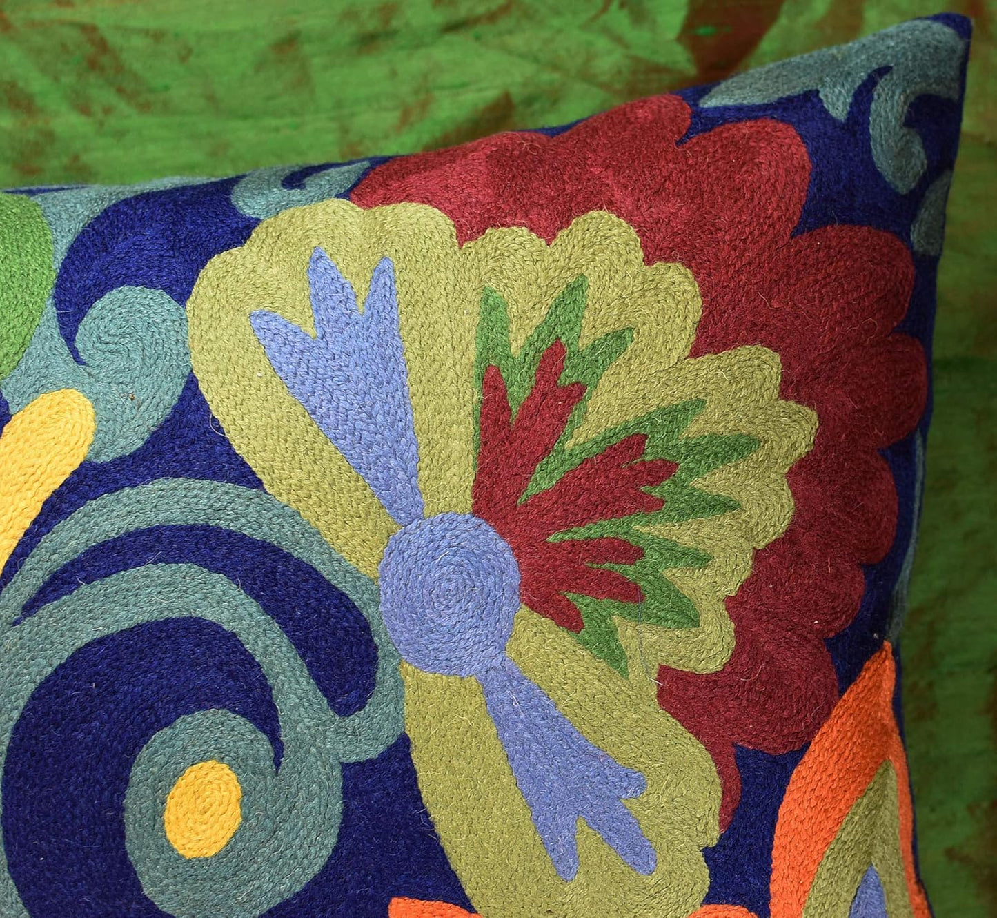 Blue Floral Pillow Cover | Navy Flower Throw Pillow | Outdoor Suzani Cushions | Hand Embroidered Chair Cushion | Wool Size - 18x18