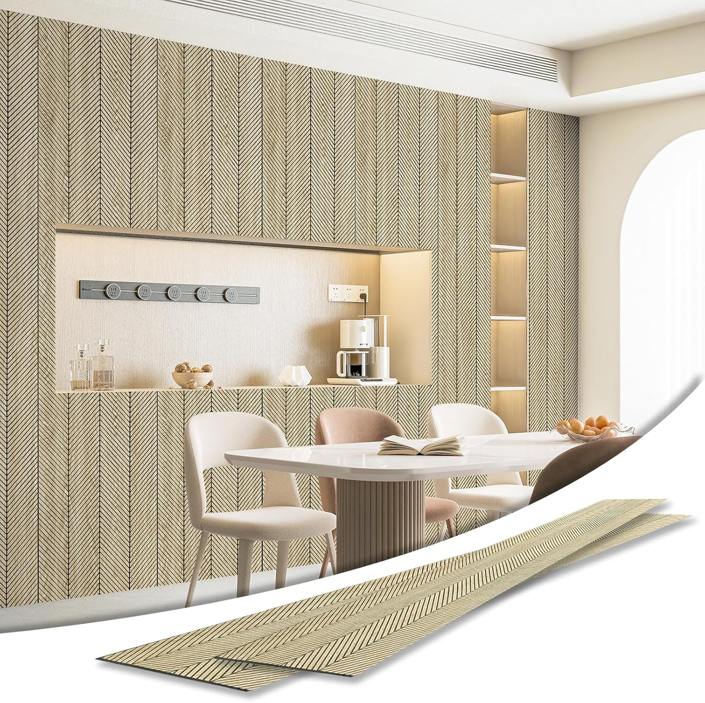 Art3d 4-Pack Glue-On Herringbone Wainscoting Panel for Interior Wall Decor - 104 x 12 Inch Polystyrene Ultralight Slim Slat Wall Panels for Living Room Bedroom, Oak