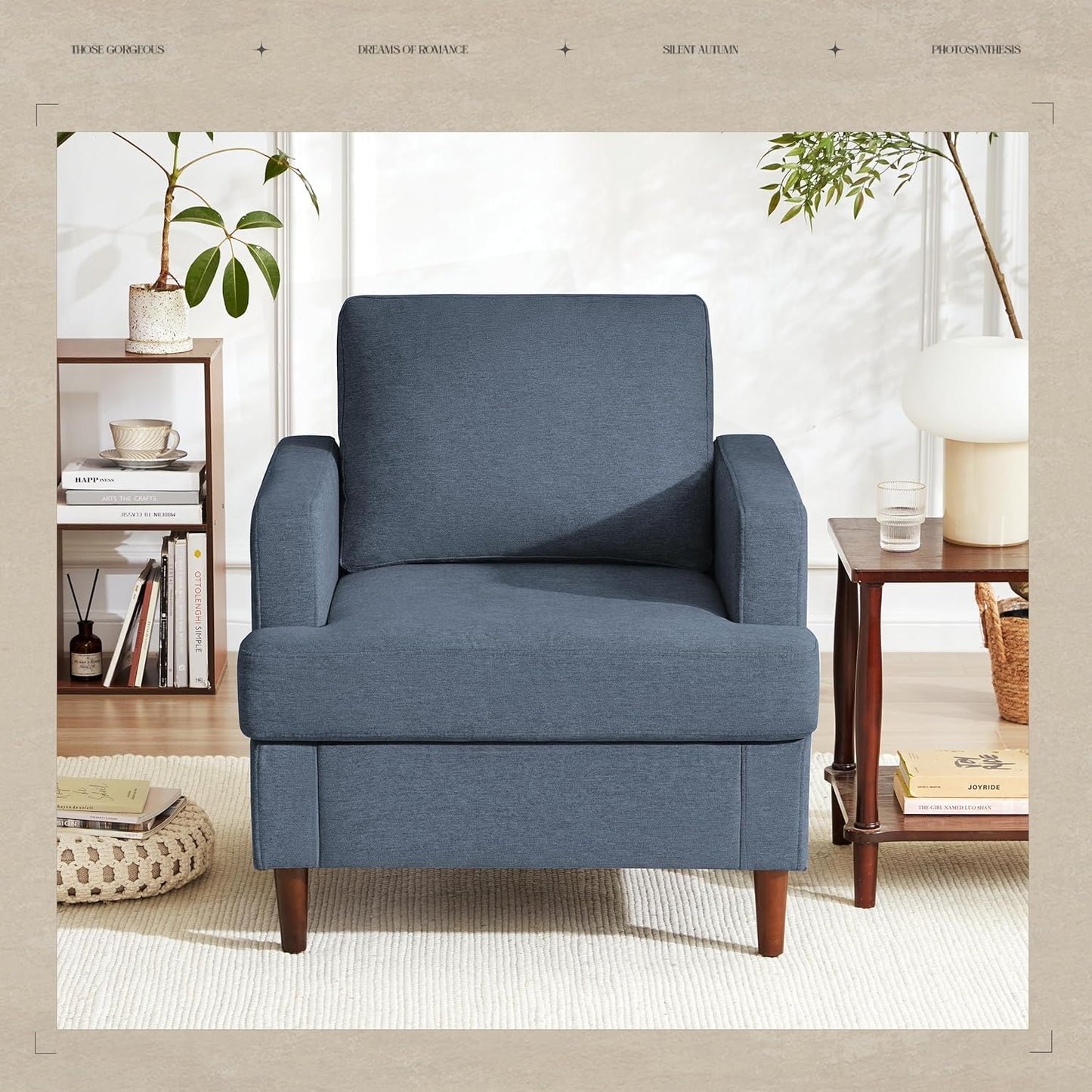 Mid-Century Accent Chair,Modern Linen Fabric Armchair for Living Room,Comfy Upholstered Reading Accent Chairs for Bedroom,Single Sofa Chair with Wood Legs (Blue Grey, 2 Pack)