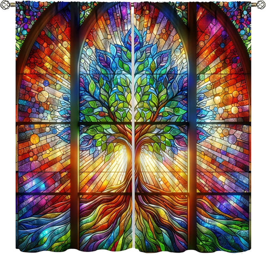 Stained Glass Curtains,Tree of Life Colorful Abstract Art Home Decor Drapes for Bedroom Living Room Kitchen Window Treatment 2 Panels Set Total Size 52" W X 84" L Inch